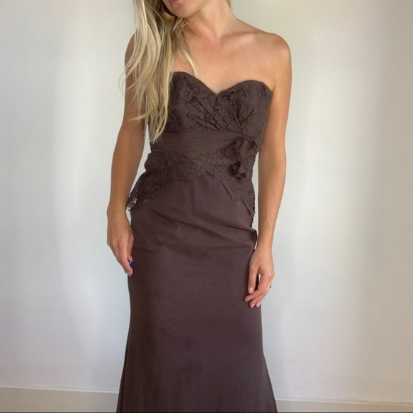 Elegant Strapless Brown Lace Dress - Picture 7 of 14